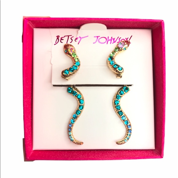 Betsey Johnson Snake Earrings Gold Blue Green - Picture 1 of 9